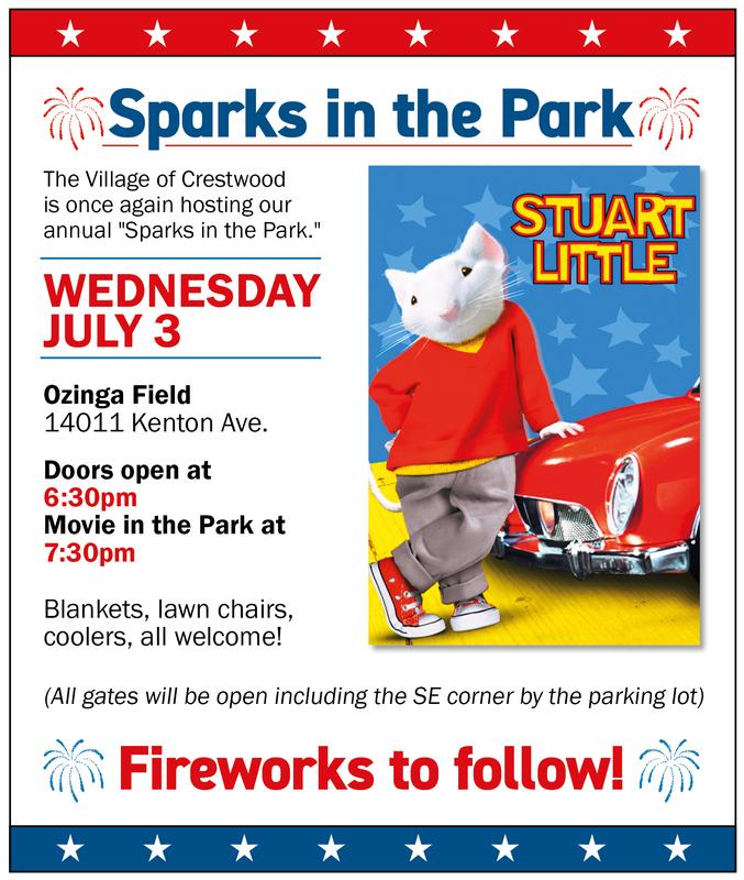 Sparks in the Park Wednesday, July 3rd, 2024 Village of Crestwood